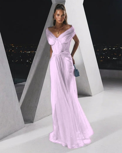 Flowing Dusty Blue Off-The-Shoulder Pleated Long Tulle Evening Dress