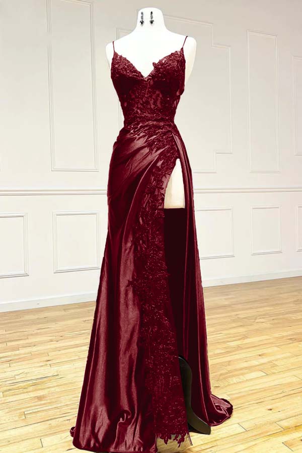 Black V Neck Spaghetti Strap Sleeveless Long Split Prom Dress with Embroidered