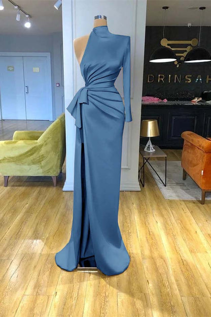 High Neck Champagne Mermaid Prom Dress Long Sleeves Split