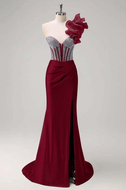 Strapless Handmade Flower Backless Mermaid Slit Prom Dress With Beading