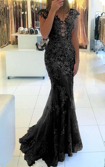 Appliques Mermaid Cap Sleeve Prom Dress