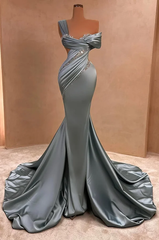 One-Shoulders Sleeveless Beads Mermaid Pleated Prom Dress