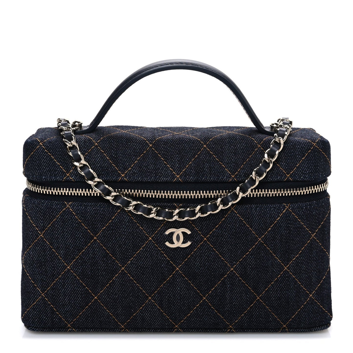 Denim Quilted Top Handle Slim Vanity Case With Chain Blue Orange