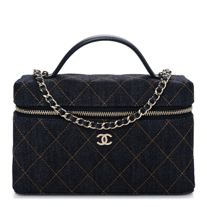 Denim Quilted Top Handle Slim Vanity Case With Chain Blue Orange