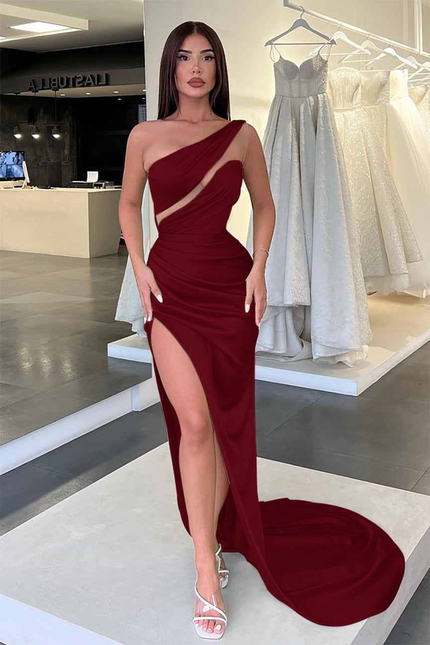 Light Green One-Shoulder Long Sleeveless Slit Evening Dress