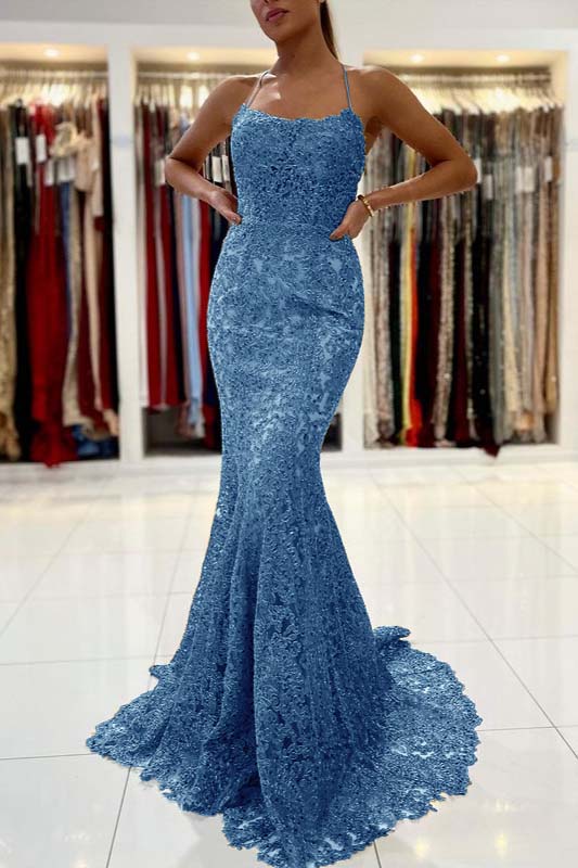 Gold Appliques Long Halter Straps Mermaid Evening Dress