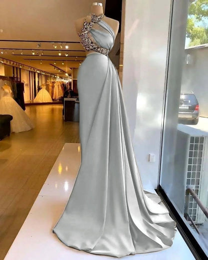 Satin Stunning Beading Sleeveless Long Prom Dress with Ruffle
