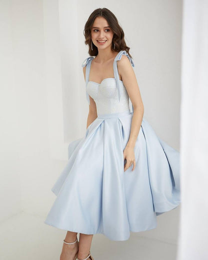 Charming Sky Blue Satin Sleeveless Spaghetti Strap A Line Prom Dress with Bow