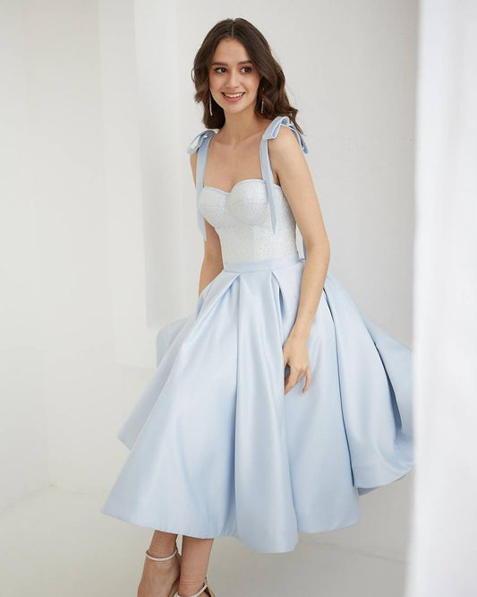 Charming Sky Blue Satin Sleeveless Spaghetti Strap A Line Prom Dress with Bow