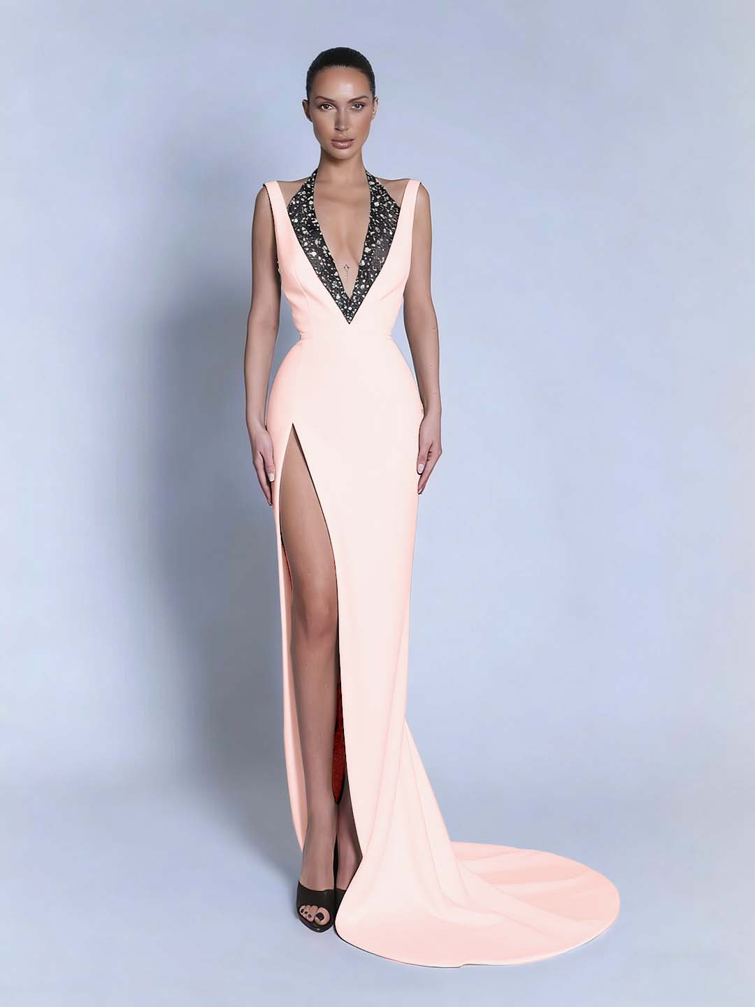 Black Sleeveless Slit Halter Straps Prom Dress With Beads
