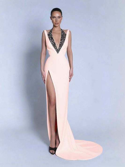 Black Sleeveless Slit Halter Straps Prom Dress With Beads
