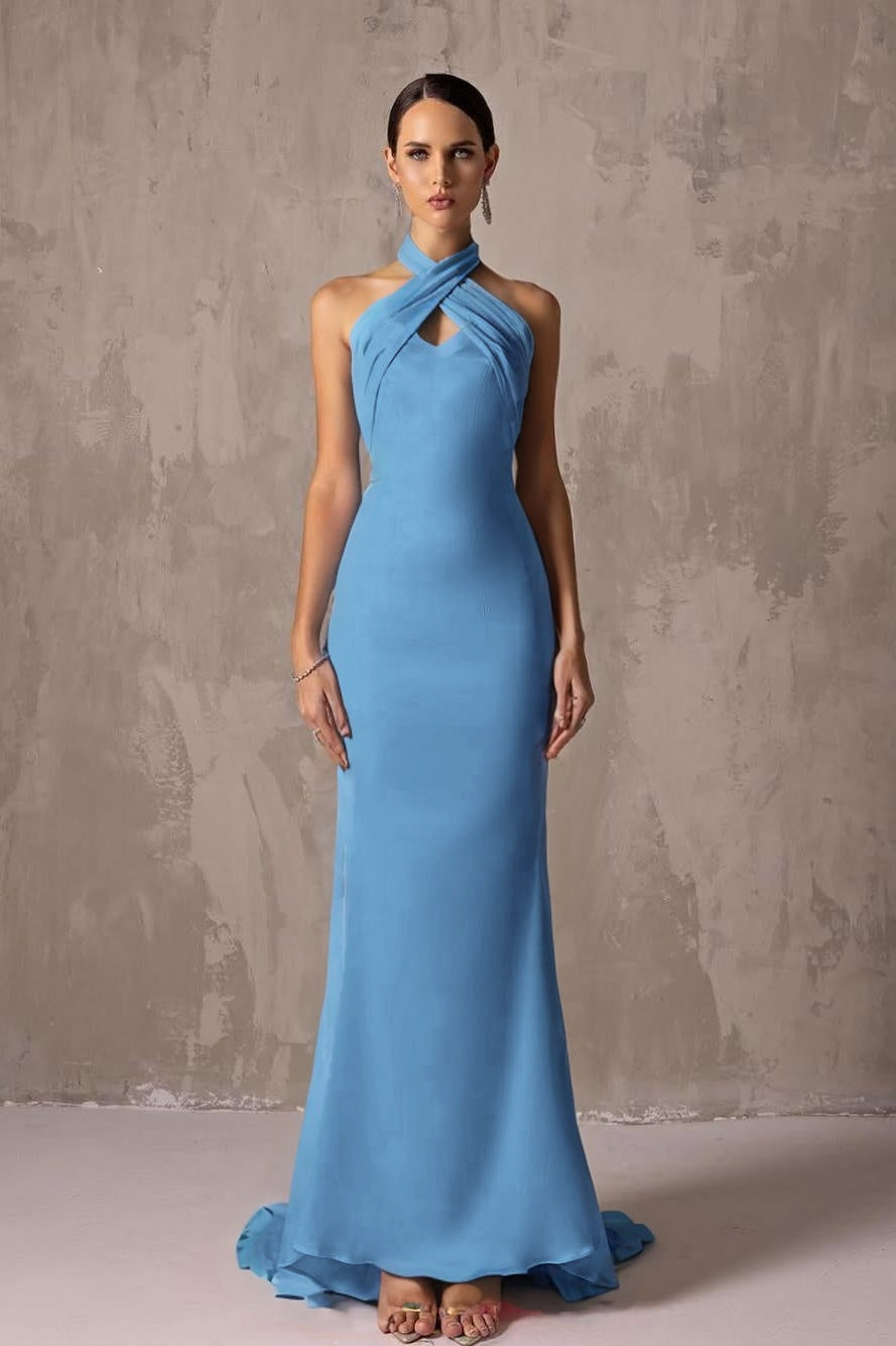 Elegant Blushing Pink Satin Halter Sleeveless Long Prom Dress with Pleated