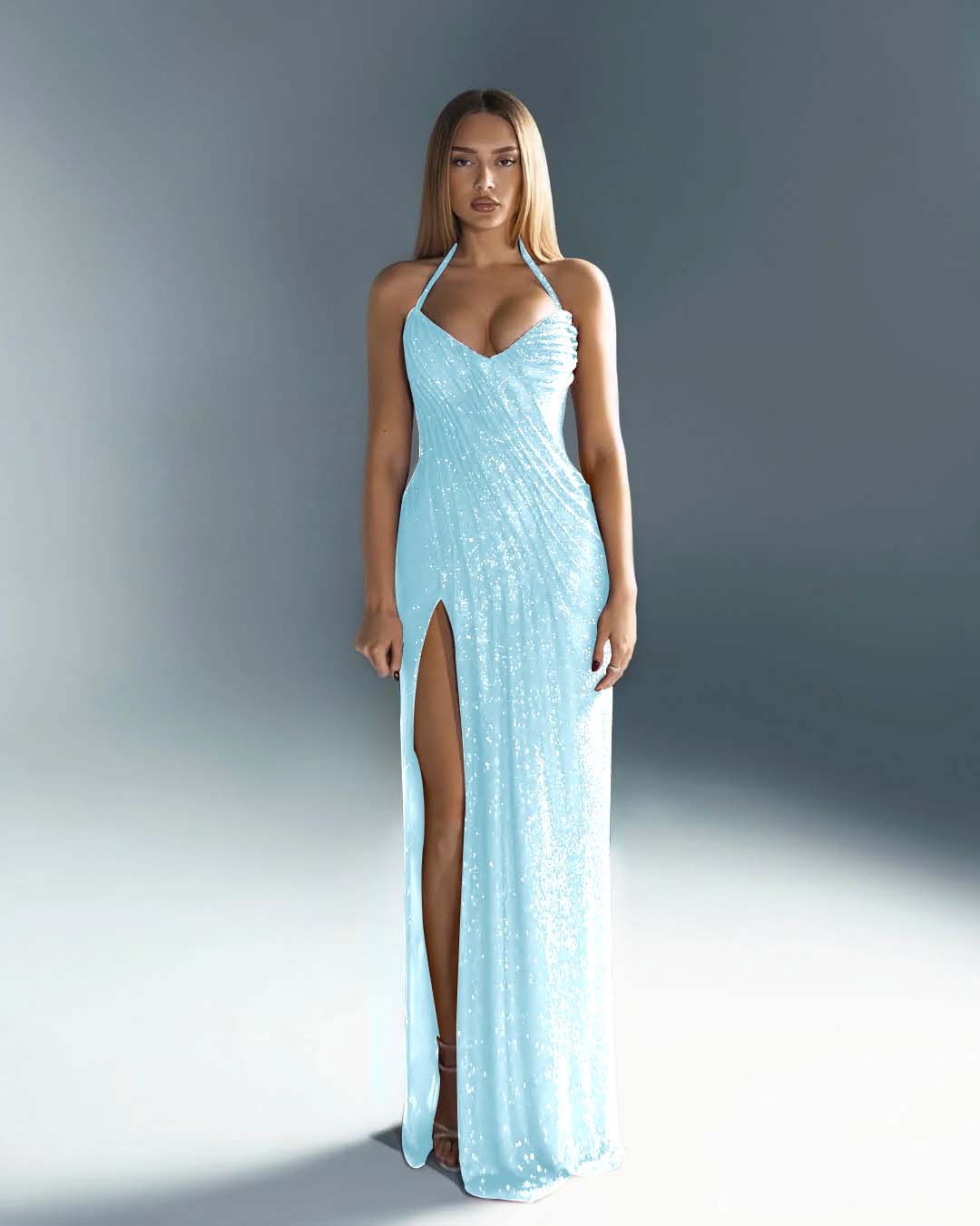 Sleeveless Halter Straps V-Neck Slit Prom Dress With Sequin