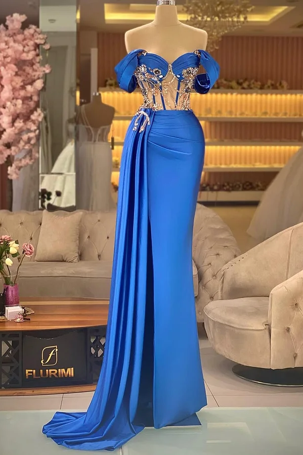 Blue Sleeveless Off-Shoulders Mermaid Beads Prom Dress