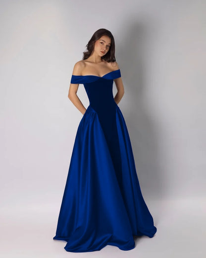 Classic Dark Purple Off-The-Shoulder Pleated A-Line Evening Dress