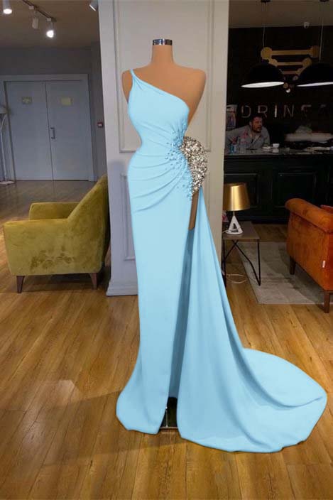 Spaghetti-strap Sequins One Shoulder Mermaid Prom Dress With Split