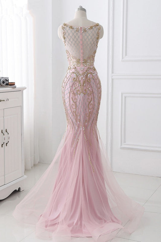 Pink Jewel Sleeveless Prom Dress Mermaid with Beadings Rhinestone