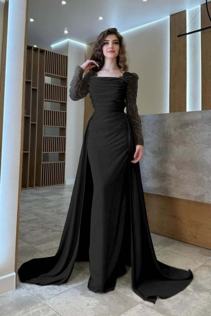 Gentle Beaded Long Sleeves Prom Dress With Detachable Trail