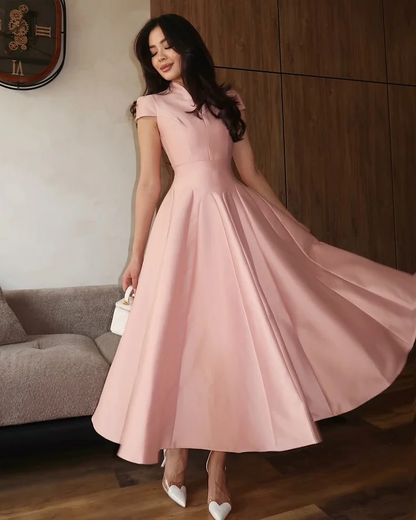 Elegant Pink Short Sleeves A-Line Pleated Satin Ankle Length Evening Dress