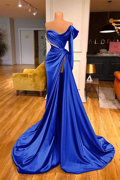 One-Shoulder Purple Long Sleeves Beadings Evening Dress Split Mermaid