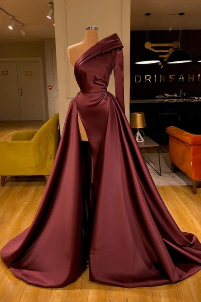 One Shoulder Slit Long Sleeves Prom Dress Overskirt
