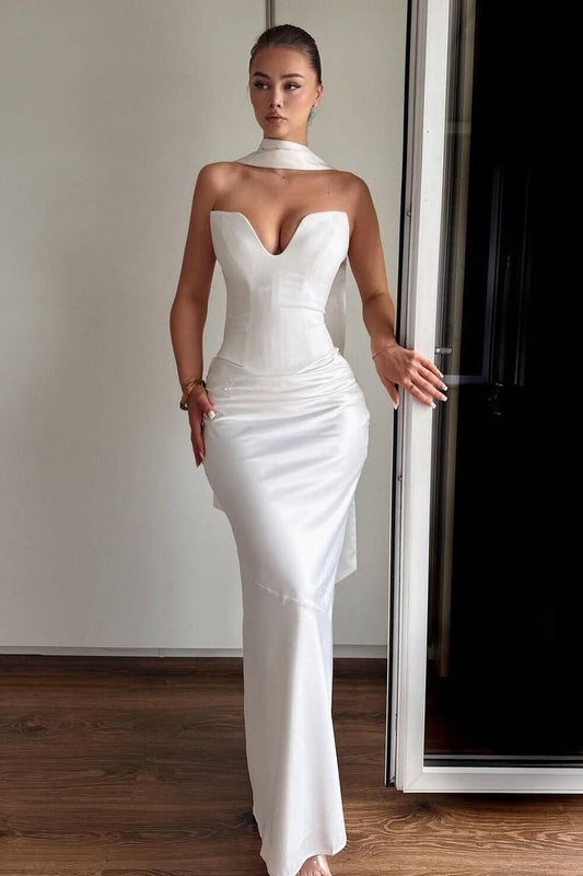 Charming White Satin Sleeveless V Neck Slim Long Prom Dress with Scarf