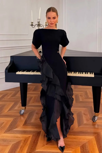 Charming Black Jewel Neck Short Sleeves Ruffles Split Evening Dress