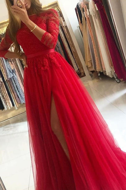 Long Sleeves A-Line Prom Dress Slit With Lace