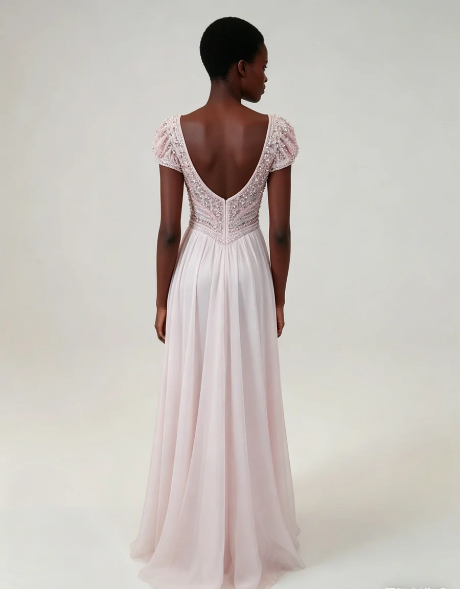 Stunning Blushing Pink Chiffon Sleeveless Long Evening Dress With Sequins