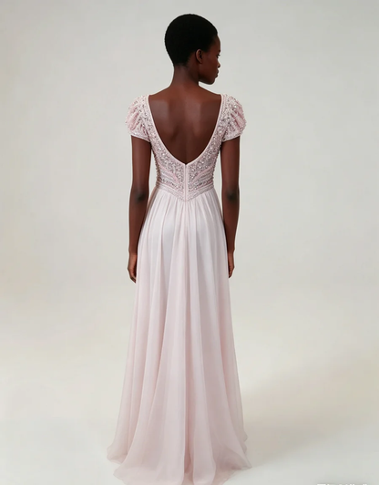 Stunning Blushing Pink Chiffon Sleeveless Long Evening Dress With Sequins