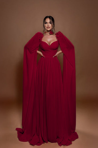 Chic A Line Sleeveless Long Pleated Prom Dress With Shoulder Cape
