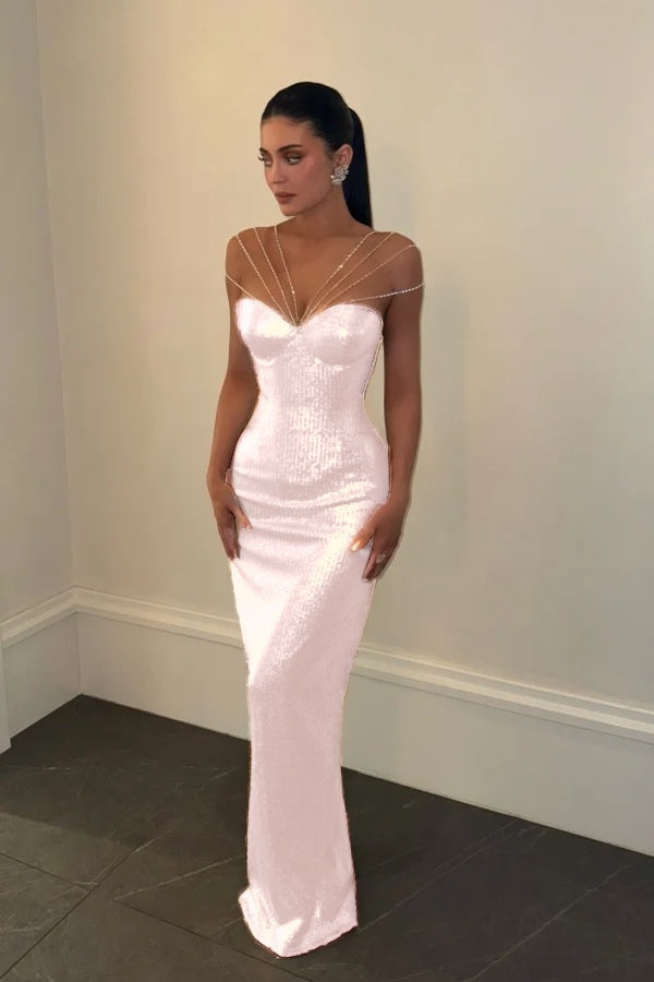 Sparkly Silver Off-the-Shoulder Evening Dress Sleeveless With Sequins