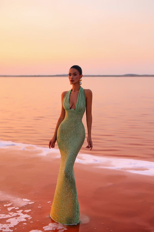 Glamorous Sleeveless Halter Straps Deep V-Neck Prom Dress With Beads