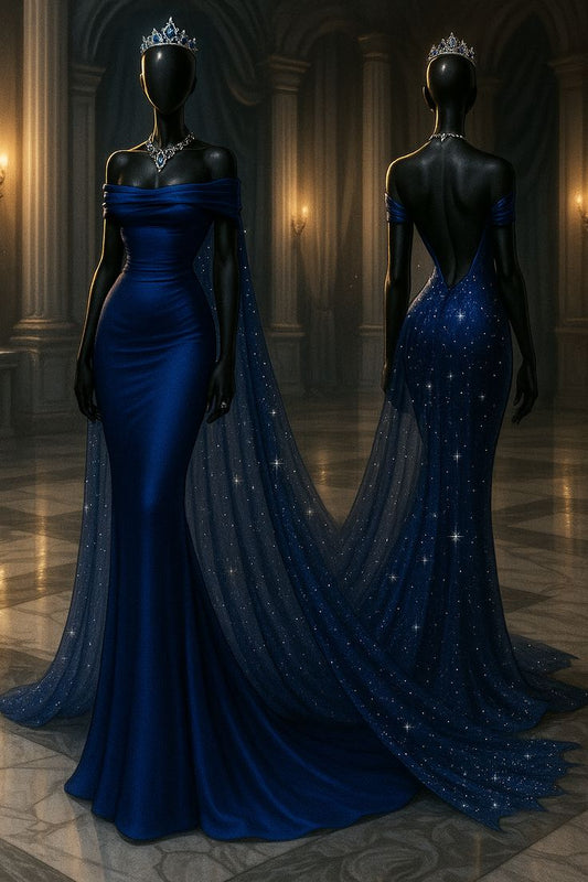 Stunning Dark Blue Mermaid Off the Shoulder Tulle Satin Prom Dress SH4860