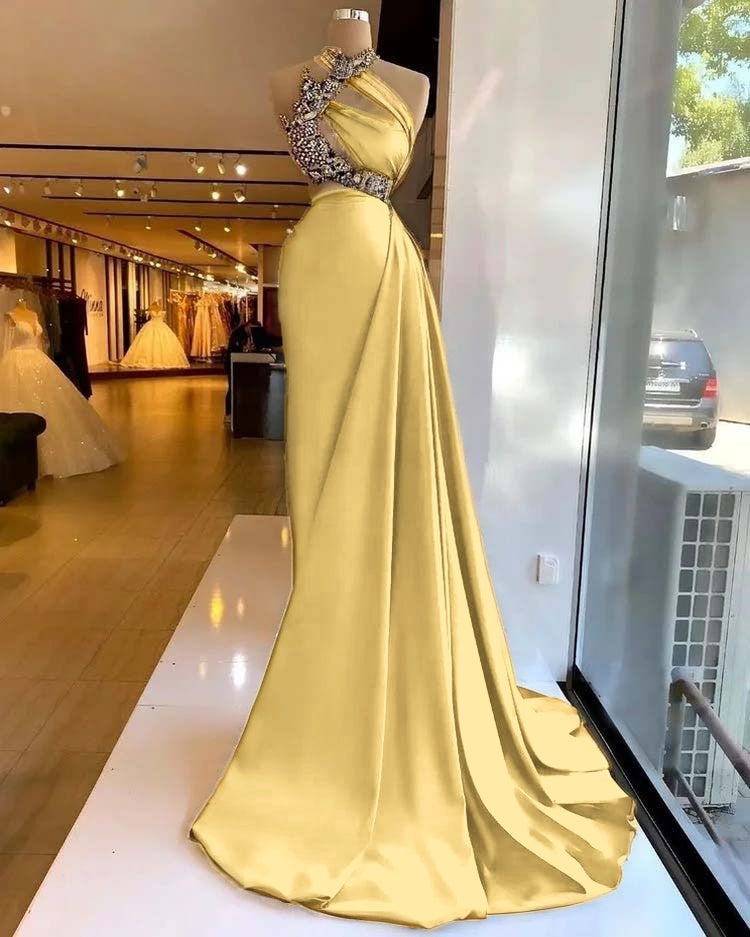 Satin Stunning Beading Sleeveless Long Prom Dress with Ruffle