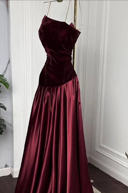 Beautiful Grape Satin Sleeveless Strapless Velvet Long Prom Dress with Pleated