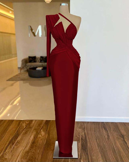 Noble Fuchsia One Shoulder Long Sleeve  Mermaid Evening  Dress With Beads