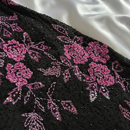 Black Retro Elegant Pink Beaded Chiffon Prom Dress Evening Dress Birthday Party Dress SH3595