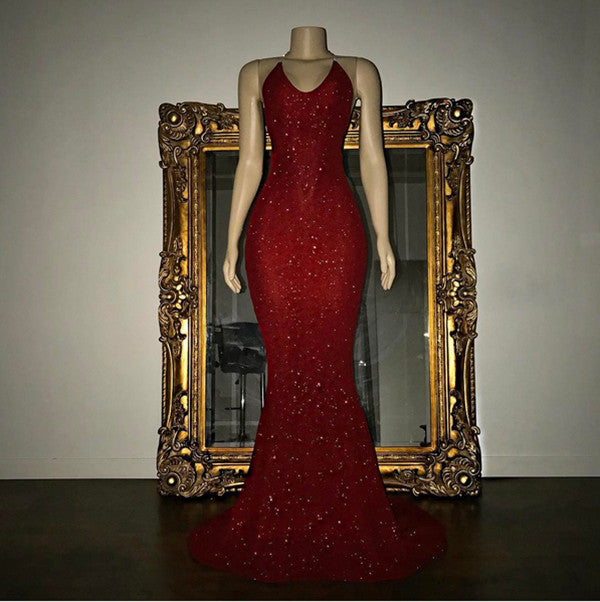 Elegant Halter Mermaid Evening Dress  V-Neck With Sequins