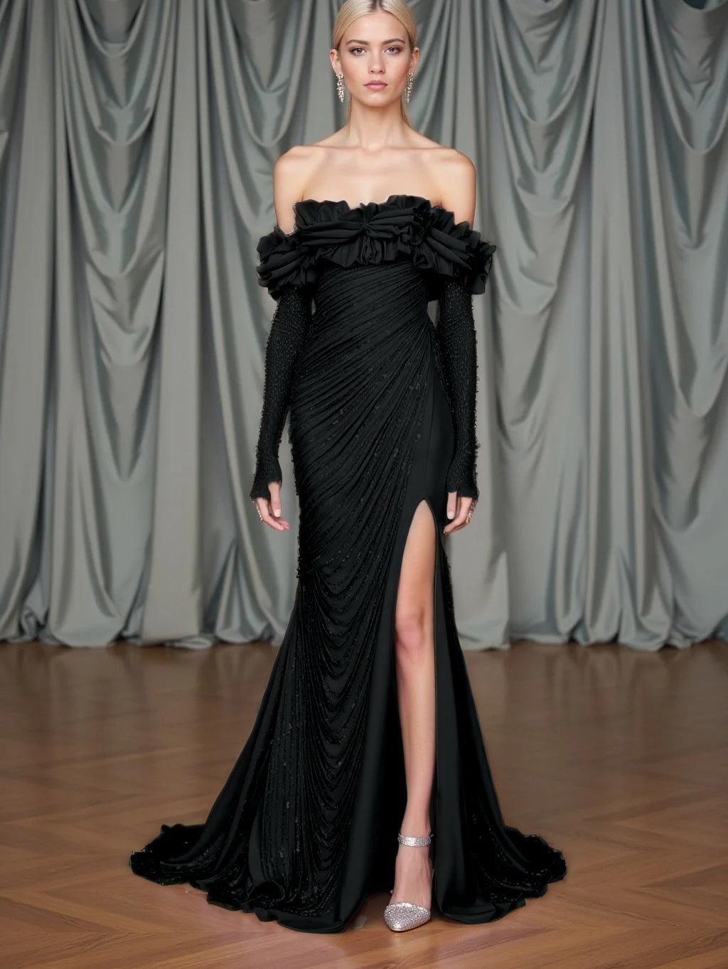 Long Sleeves Strapless Mermaid Slit Prom Dress With Sequins