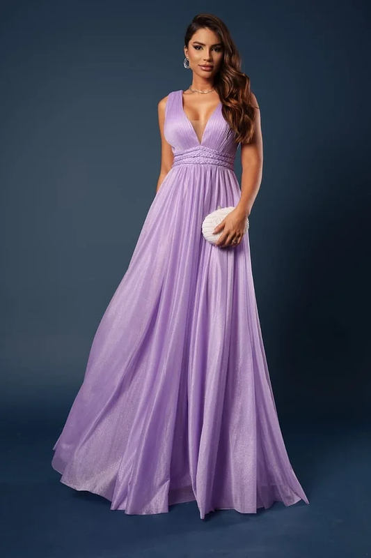 Purple Sleeveless Straps Deep V-Neck A-Line Prom Dress