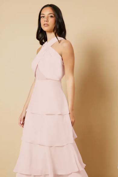 Sleeveless Halter Straps A Line Long Ruffles Prom Dress