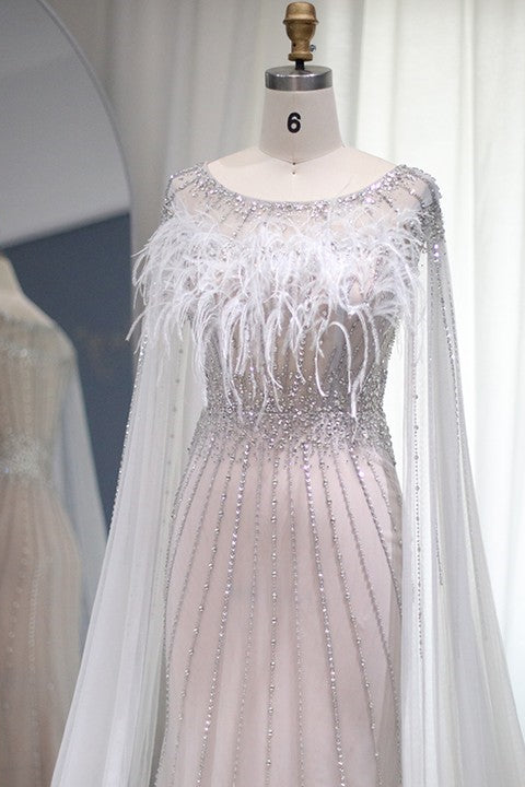 Glamorous Crew Neck Mermaid Prom Dress Tulle Cap With Feathers Appliques