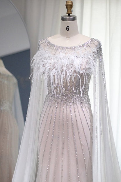 Glamorous Crew Neck Mermaid Prom Dress Tulle Cap With Feathers Appliques