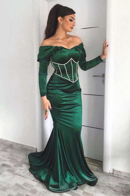 Emerald Long Sleeves Mermaid Evening Dress With Appliques