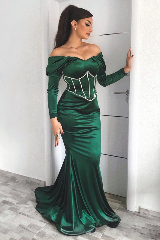 Emerald Long Sleeves Mermaid Evening Dress With Appliques