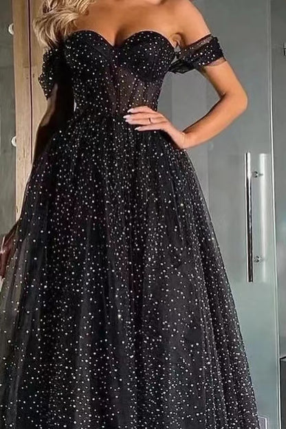 Black Off-The-Shoulder Sweetheart A-Line Beads Prom Dress With Tulle