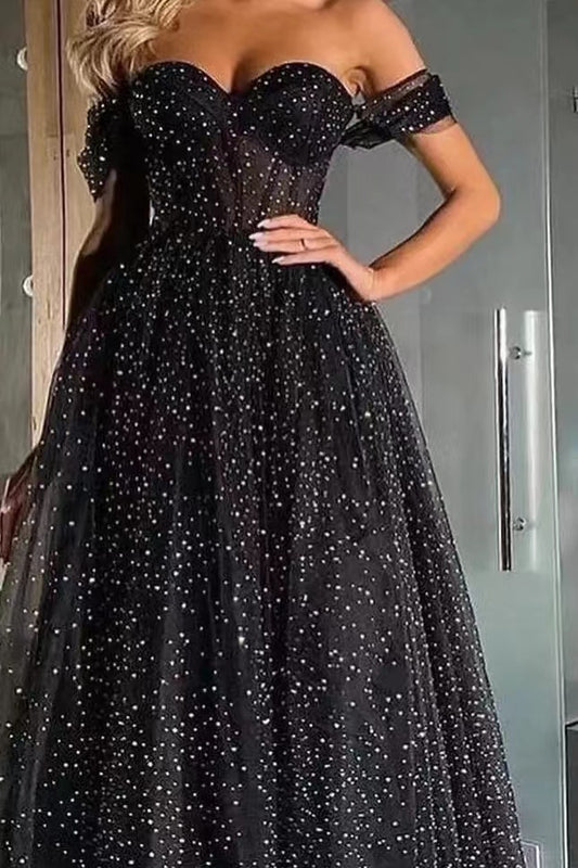Black Off-The-Shoulder Sweetheart A-Line Beads Prom Dress With Tulle