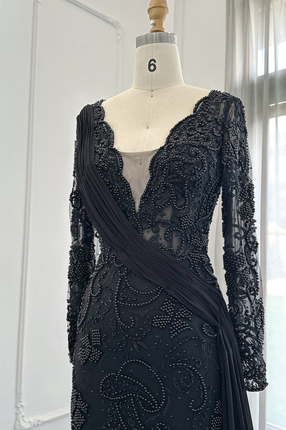 Black V Neck Mermaid Prom Dress Long Sleeves With Appliques Ruffles