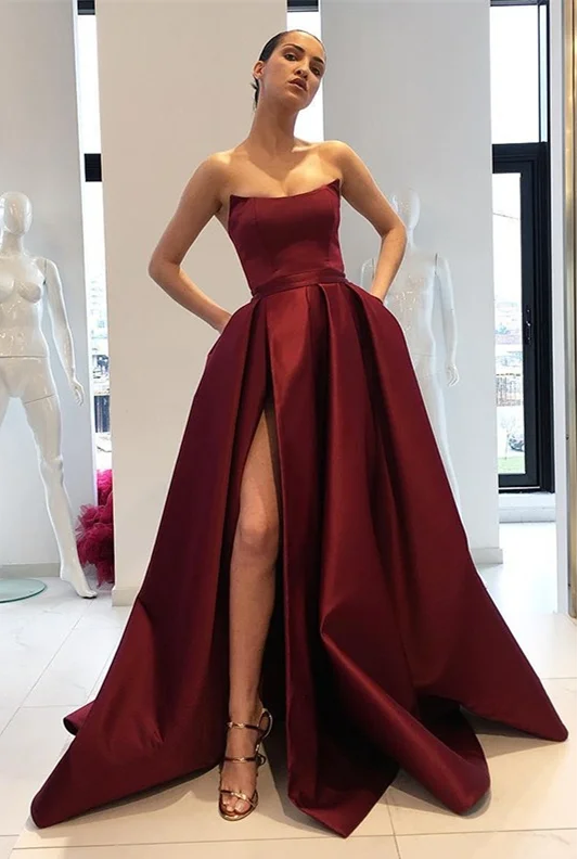 Strapless Burgundy Mermaid Prom Dress With Slit